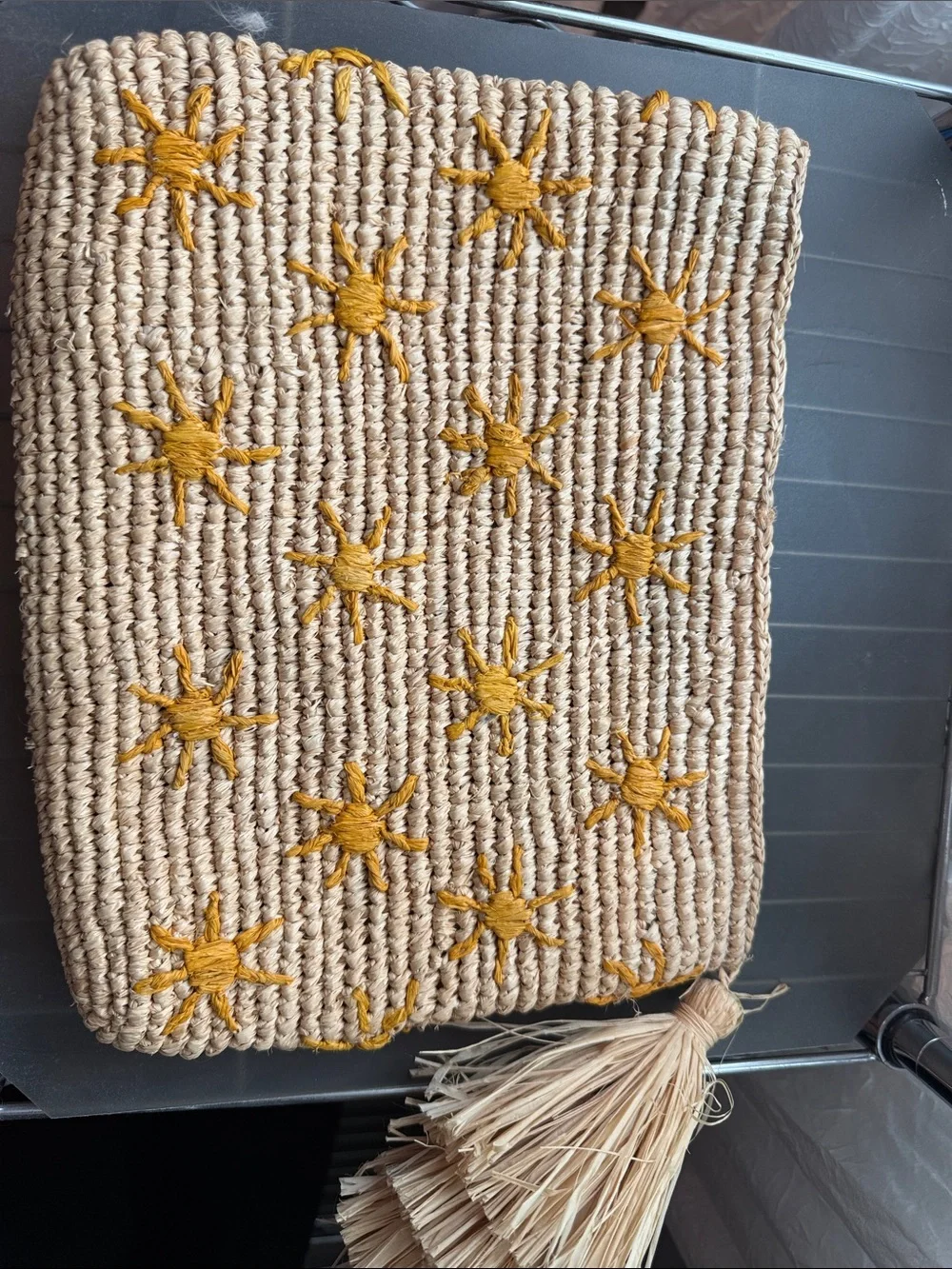 Handwoven Straw Clutch with Mustard Star Embroidery